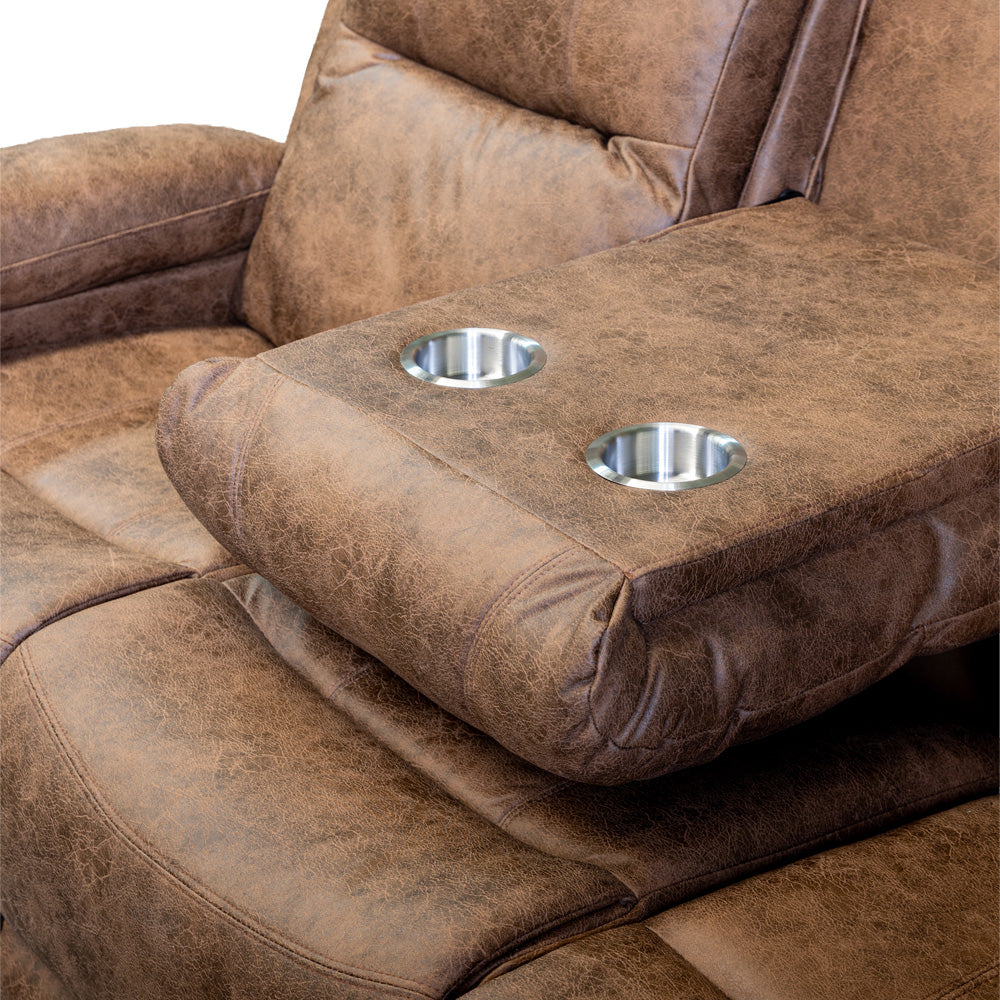 Sofá Reclinable 3 Cuerpos (3C) con Consola Central y Posavasos Tela Café. Tabuk
