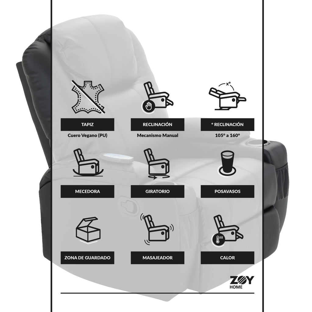 Bergere Lhasa Multifunción Mecedora y Giratorio con Masaje y Calor. PU Negro