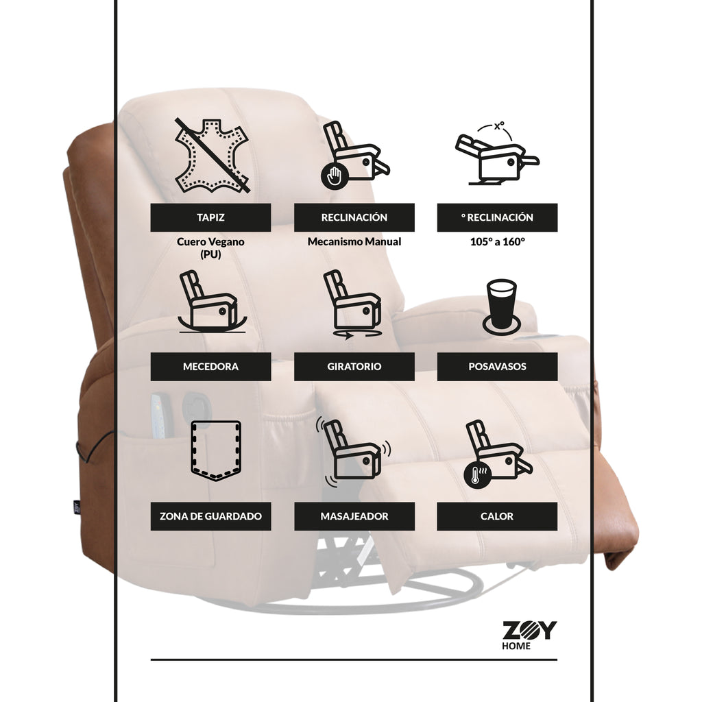 Bergere Lhasa Multifunción Mecedora y Giratorio con Masaje y Calor. PU Camel
