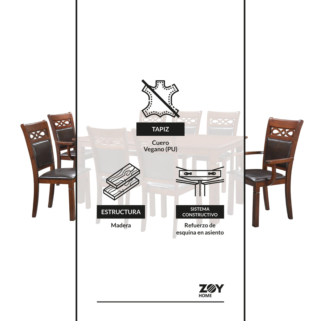 Juego de Comedor Capri PU, 6 Sillas 2 Sitiales. Madera