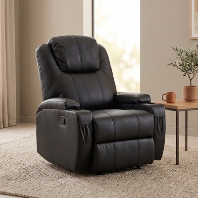 Sillón Bergere Reclinable con Masaje y Calor Eléctrico, Ecocuero Negro. Lhasa