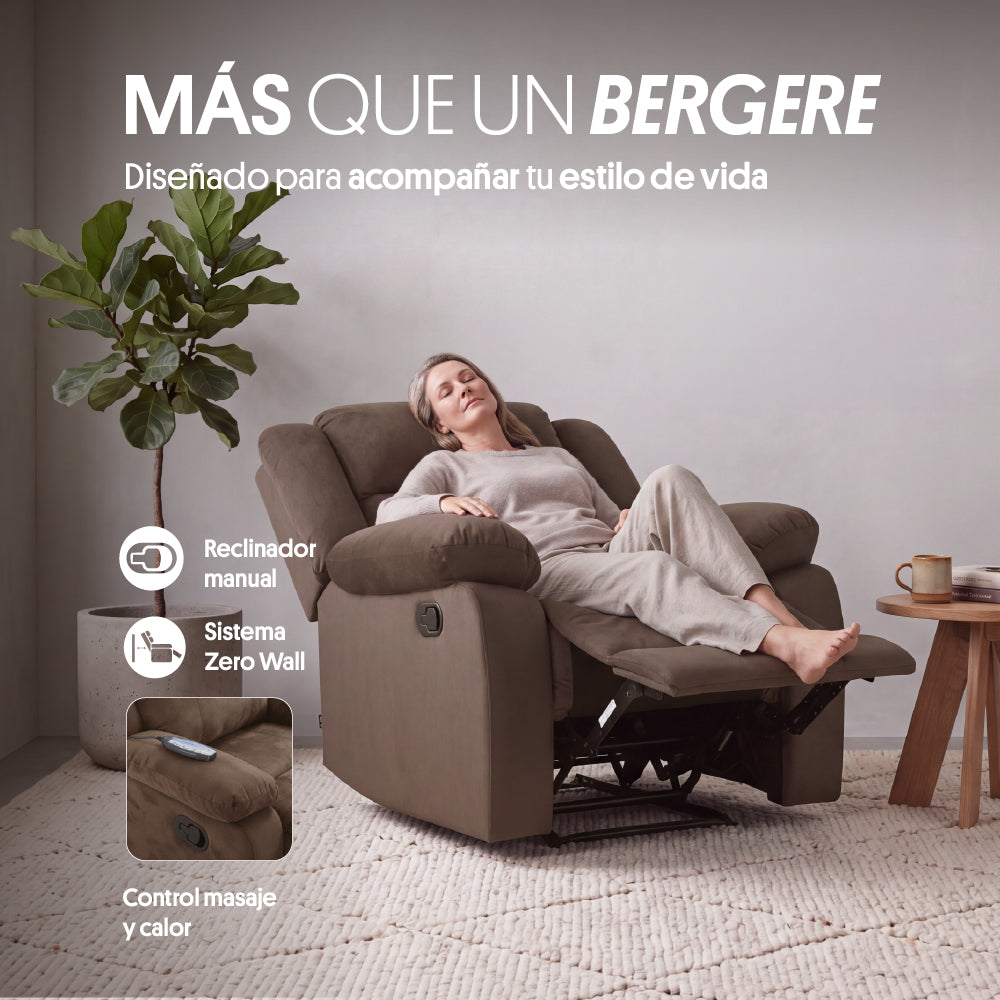 Sillón Bergere Reclinable con Masaje Tela Café. Polonia