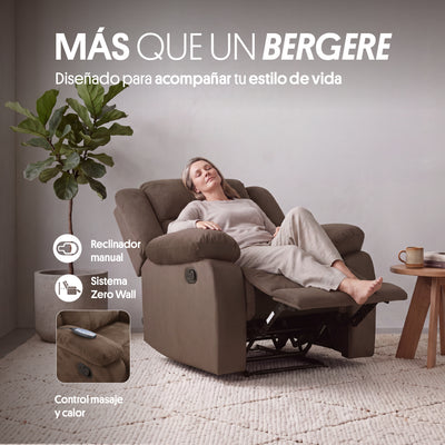 Sillón Bergere Reclinable con Masaje Tela Café. Polonia