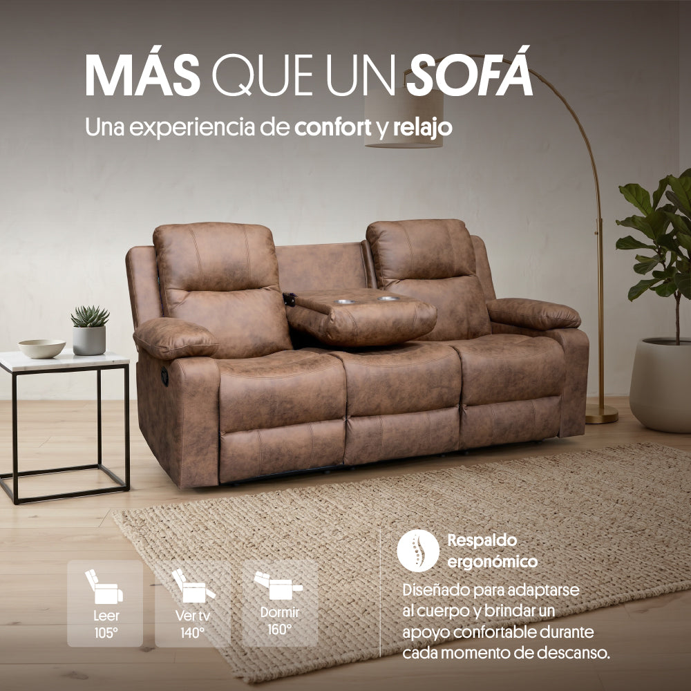 Sofá Reclinable 3 Cuerpos (3C) con Consola Central y Posavasos Tela Café. Tabuk