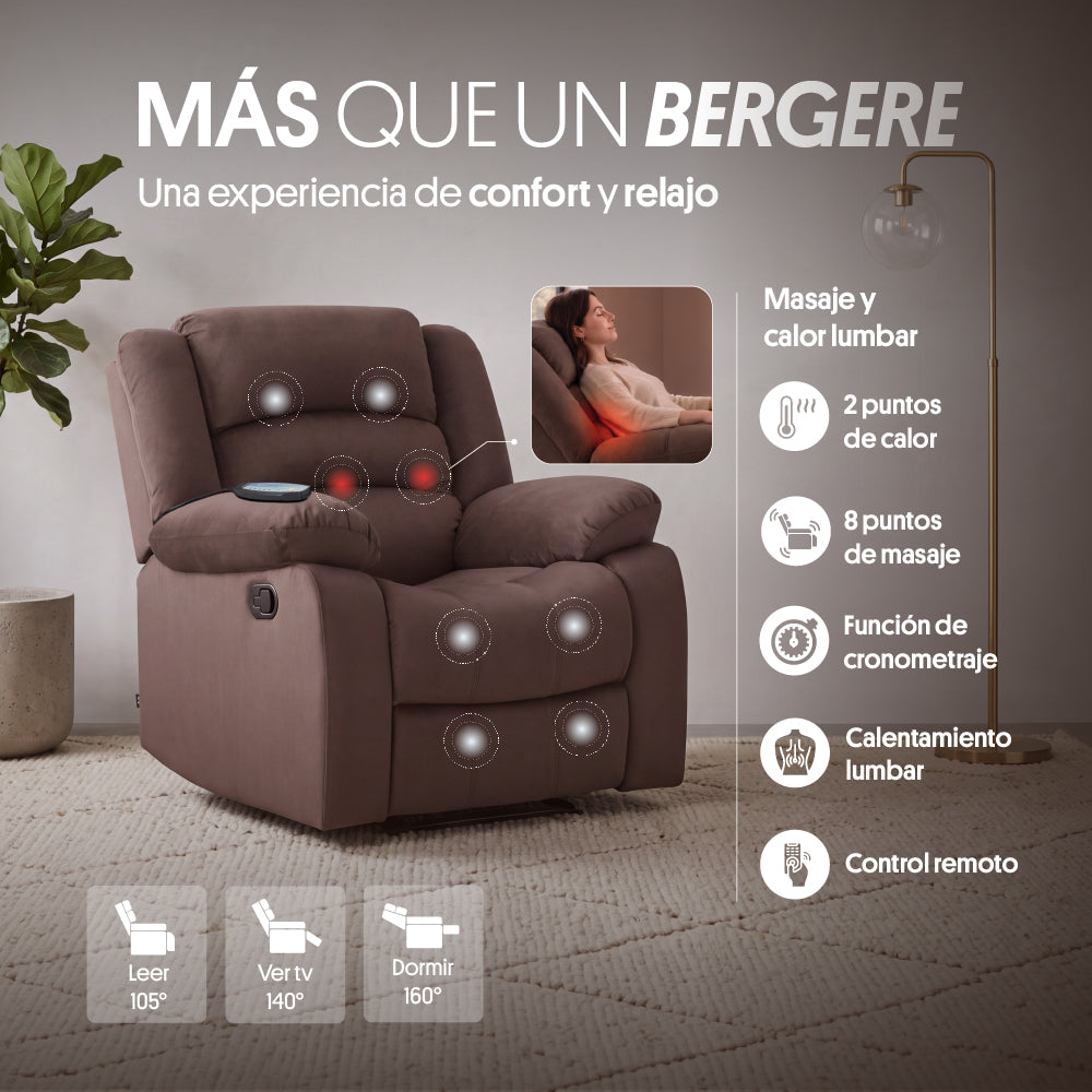 Sillón Bergere Reclinable con Masaje Tela Café. Polonia
