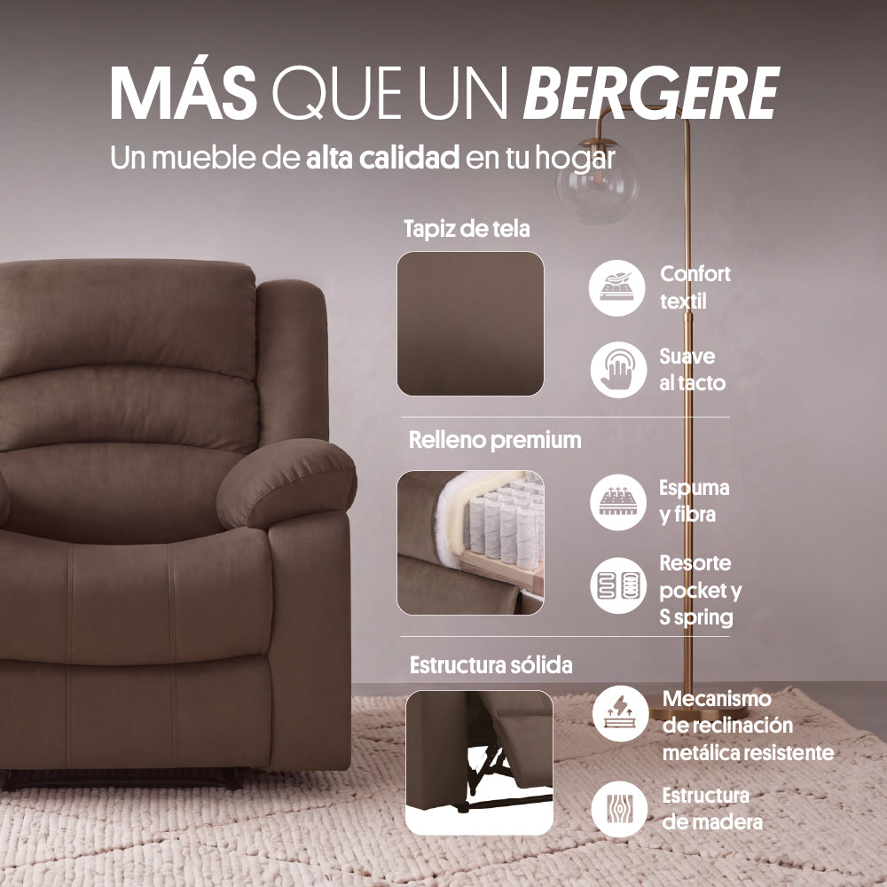 Sillón Bergere Reclinable con Masaje Tela Café. Polonia