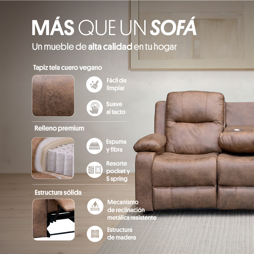Sofá Reclinable 3 Cuerpos (3C) con Consola Central y Posavasos Tela Café. Tabuk