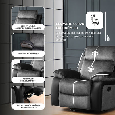 Combo Bergere Brunei, Mecedora y Giratorio. Mix Tela y PU Negro