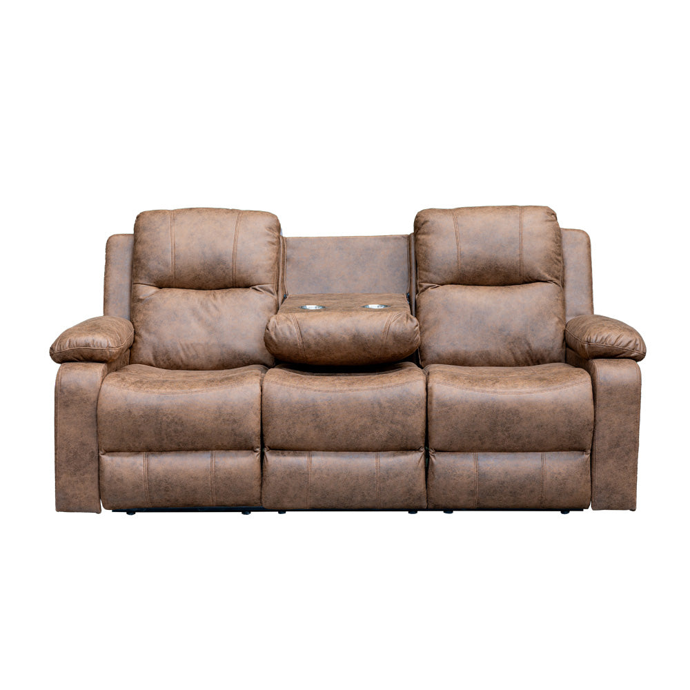 Sofá Reclinable 3 Cuerpos (3C) con Consola Central y Posavasos Tela Café. Tabuk