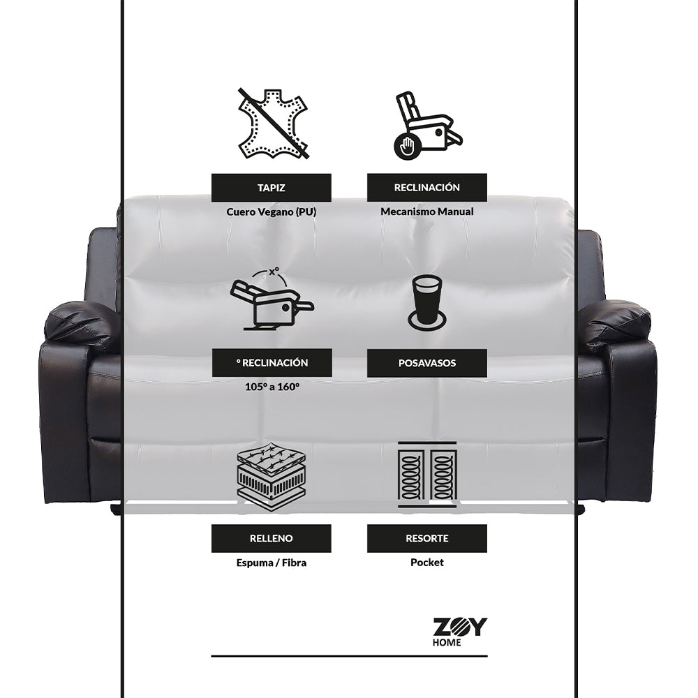 Reclinable 3 cuerpos Tabuk PU Café con Posavasos