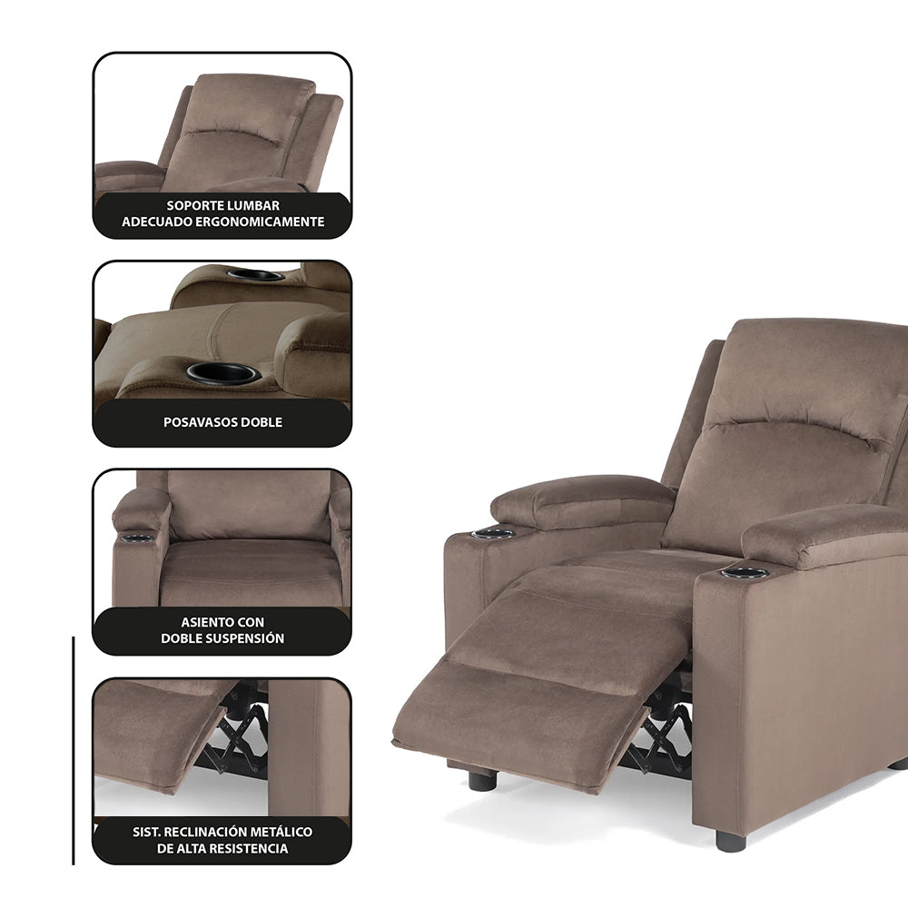 Sillón Bergere Reclinable Tela Café. Dakar