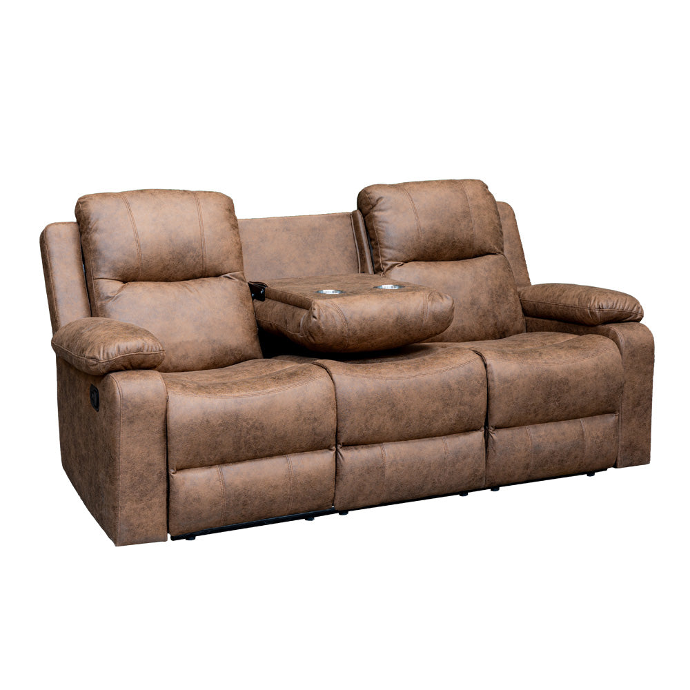 Sofá Reclinable 3 Cuerpos (3C) con Consola Central y Posavasos Tela Café. Tabuk