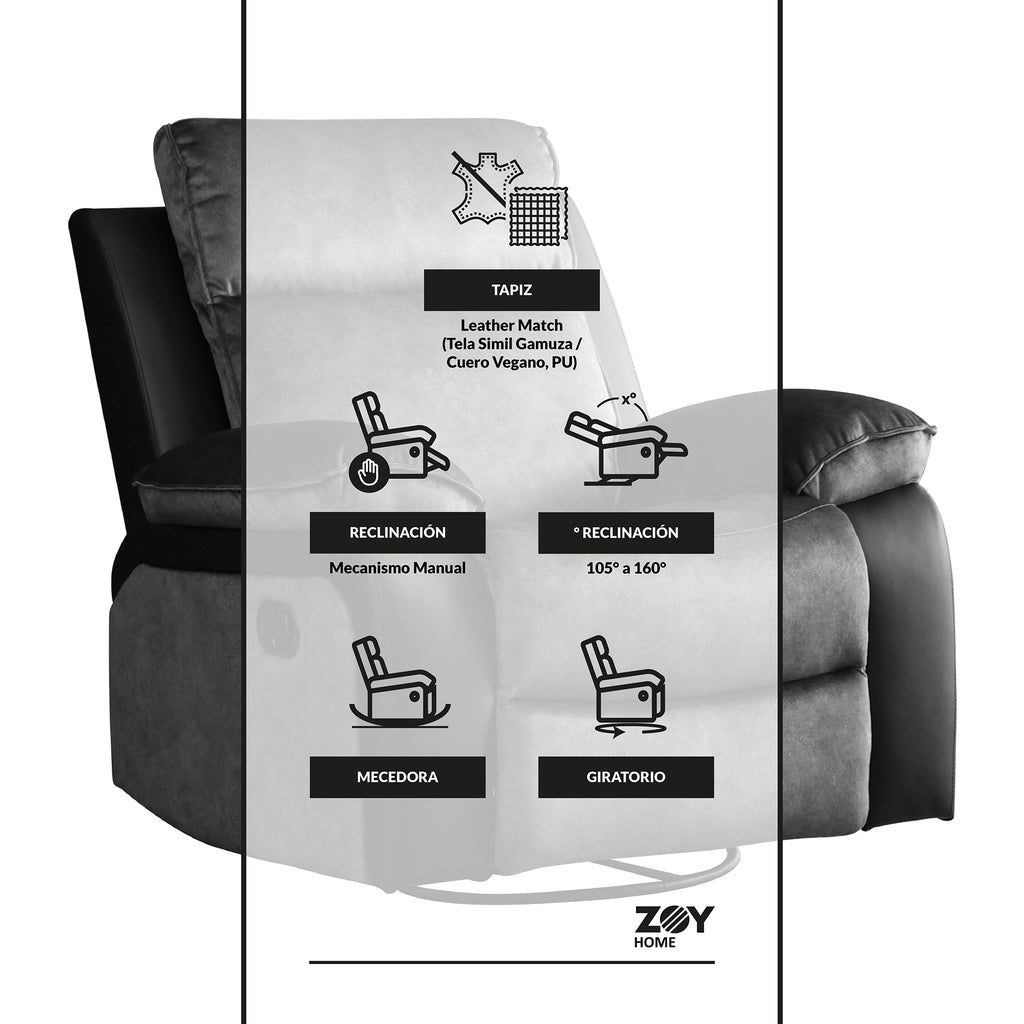 Combo Bergere Brunei, Mecedora y Giratorio. Mix Tela y PU Negro