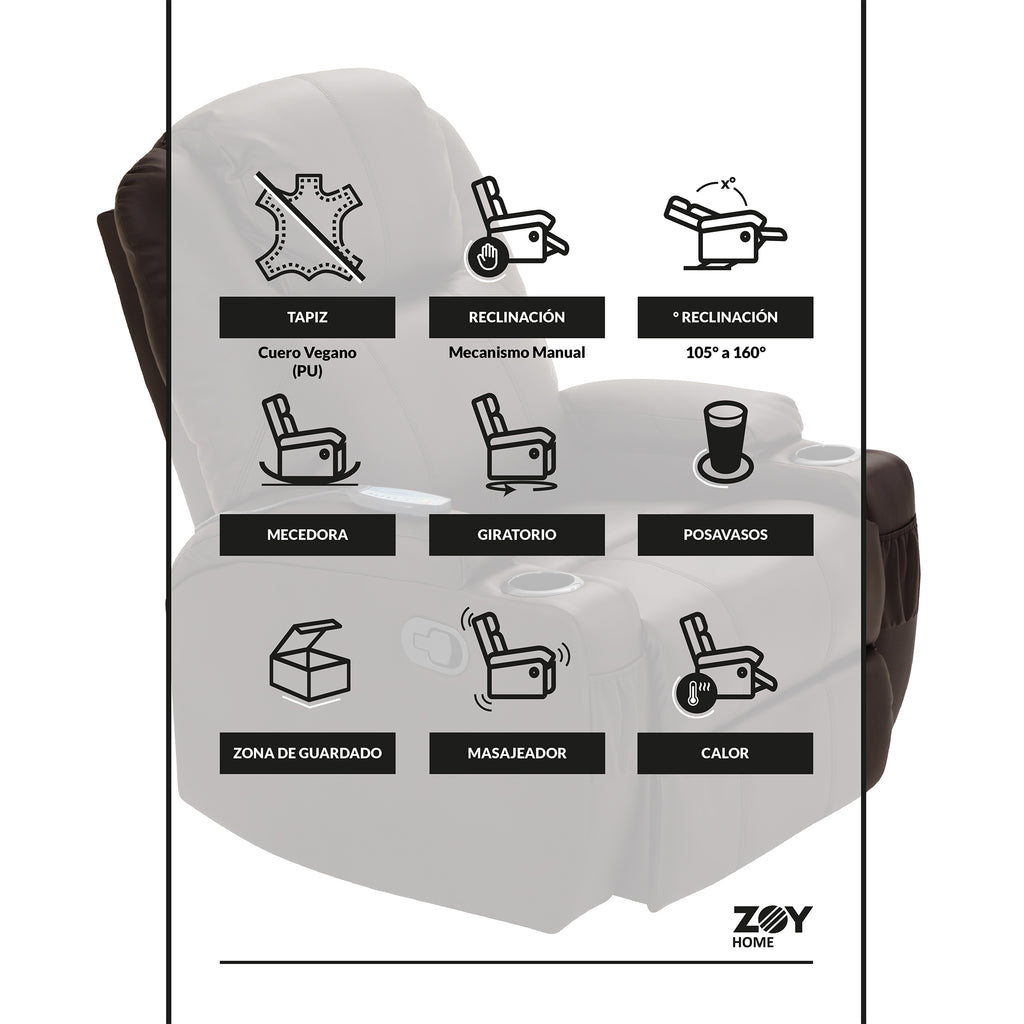 Bergere Lhasa Multifunción Mecedora y Giratorio con Masaje y Calor. PU Café