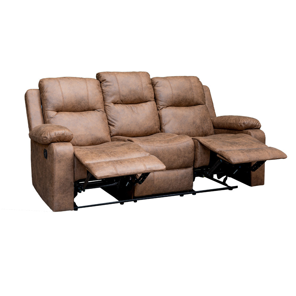 Sofá Reclinable 3 Cuerpos (3C) con Consola Central y Posavasos Tela Café. Tabuk