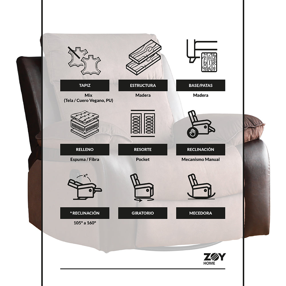 Bergere Brunei, Mecedora y Giratorio. Mix Tela y PU Café