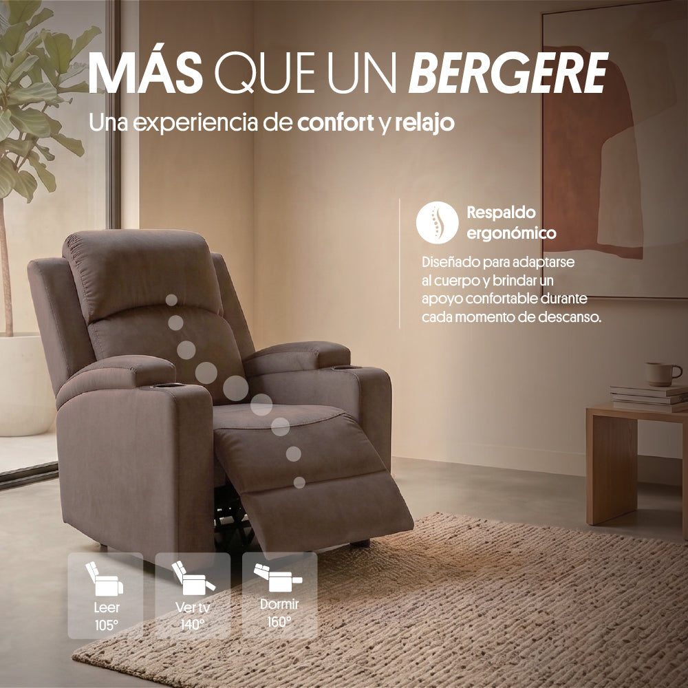 Sillón Bergere Reclinable Tela Café. Dakar