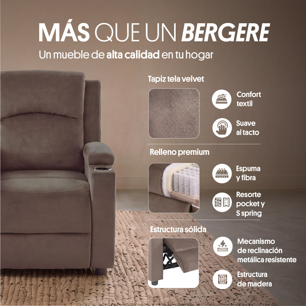 Sillón Bergere Reclinable Tela Café. Dakar