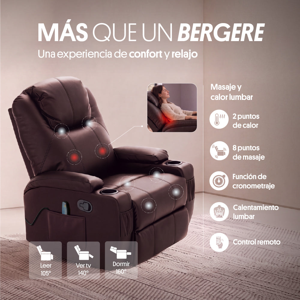Sillón Bergere Reclinable con Masaje y Calor Eléctrico, Ecocuero Café. Lhasa