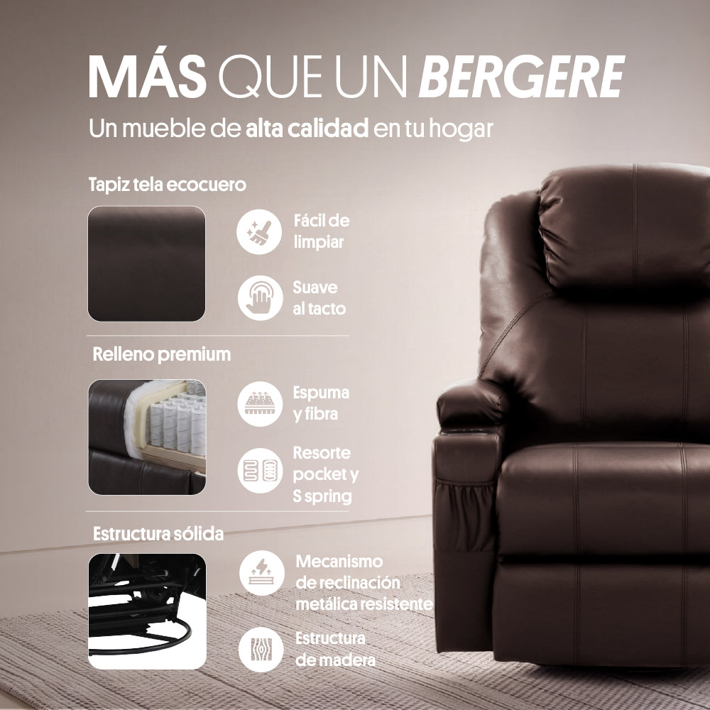 Sillón Bergere Reclinable con Masaje y Calor Eléctrico, Ecocuero Café. Lhasa