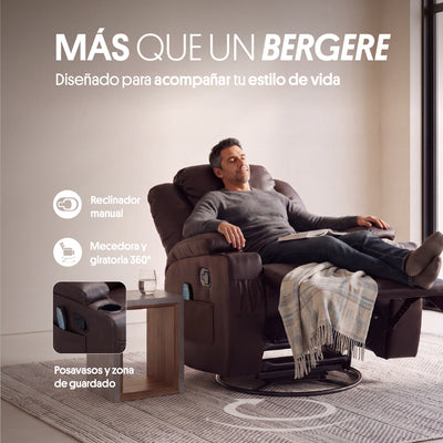 Sillón Bergere Reclinable con Masaje y Calor Eléctrico, Ecocuero Café. Lhasa