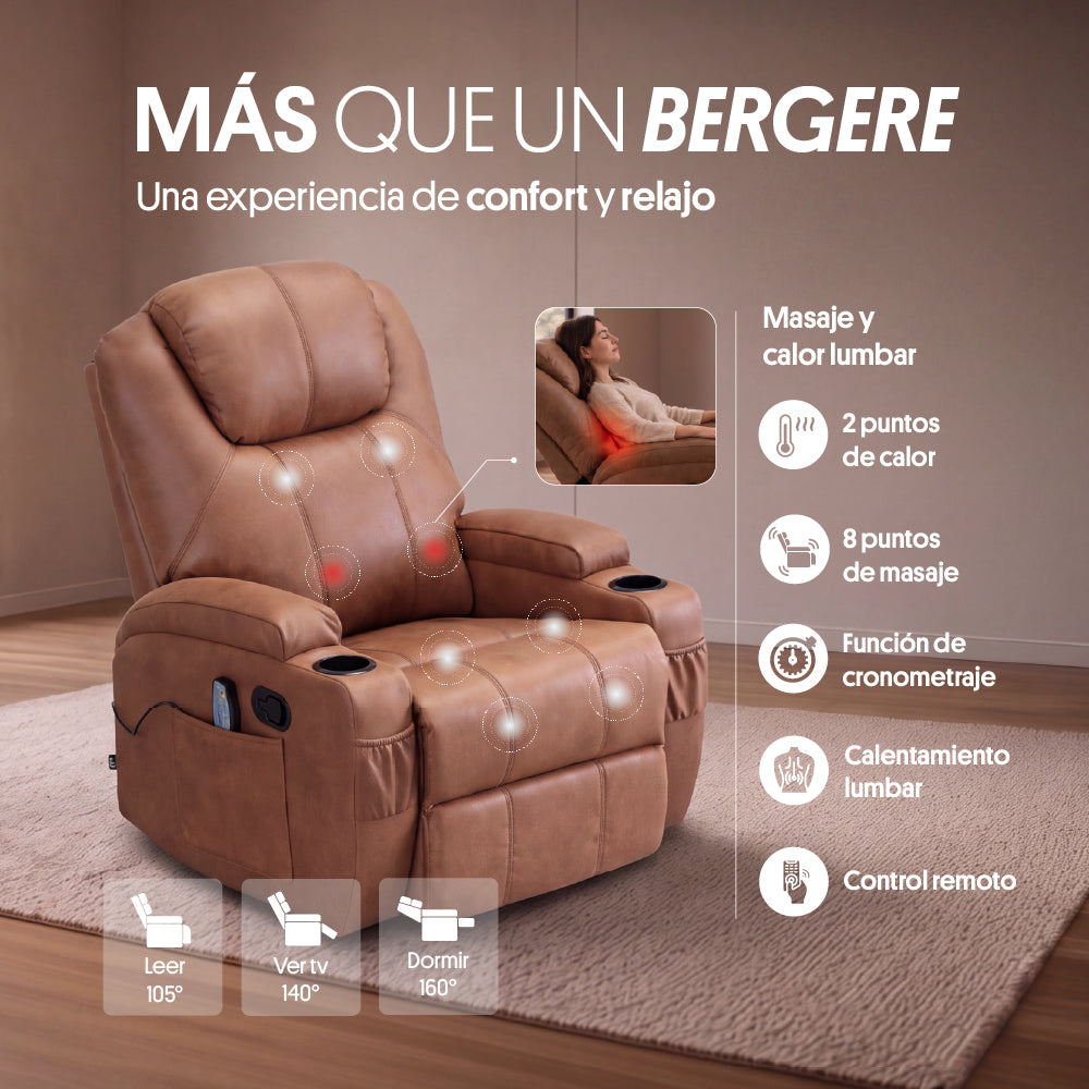 Sillón Bergere Reclinable con Masaje y Calor Eléctrico, Tela Camel. Lhasa