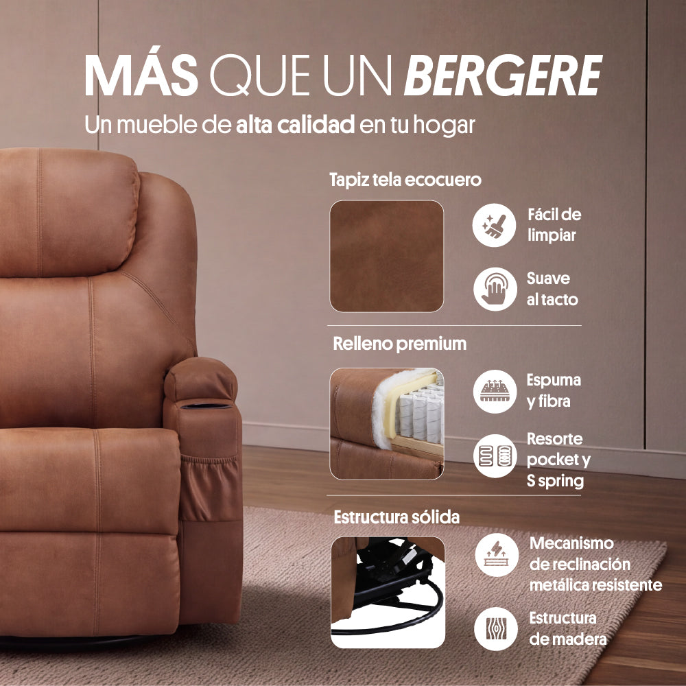 Sillón Bergere Reclinable con Masaje y Calor Eléctrico, Tela Camel. Lhasa