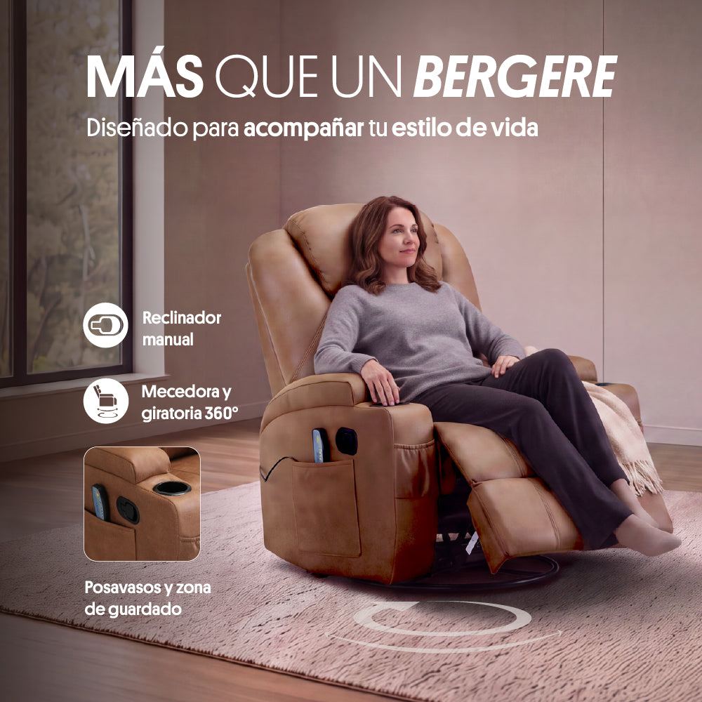 Sillón Bergere Reclinable con Masaje y Calor Eléctrico, Tela Camel. Lhasa