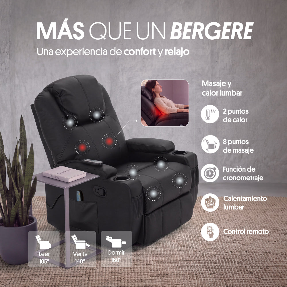 Sillón Bergere Reclinable con Masaje y Calor Eléctrico, Ecocuero Negro. Lhasa
