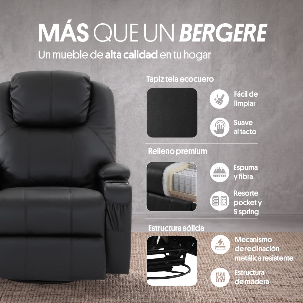Sillón Bergere Reclinable con Masaje y Calor Eléctrico, Ecocuero Negro. Lhasa