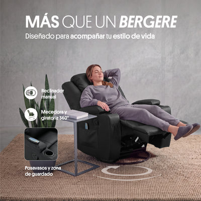 Sillón Bergere Reclinable con Masaje y Calor Eléctrico, Ecocuero Negro. Lhasa