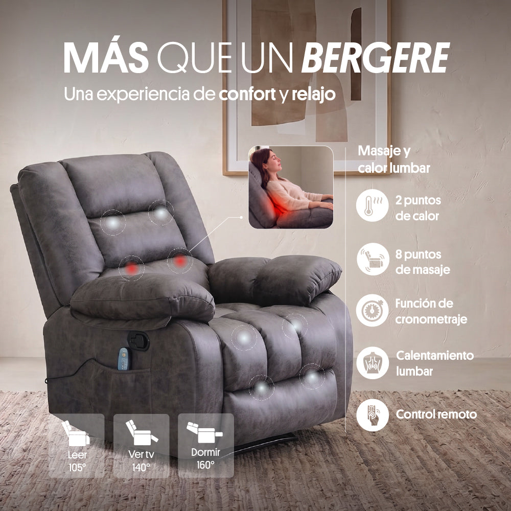 Sillón Bergere Reclinable con Masaje y Calor Eléctrico, Gris. Osaka