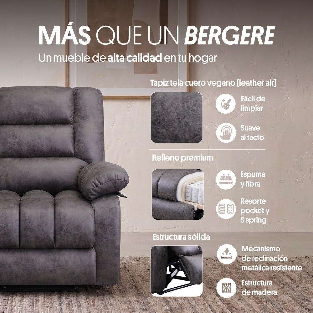 Sillón Bergere Reclinable con Masaje y Calor Eléctrico, Gris. Osaka