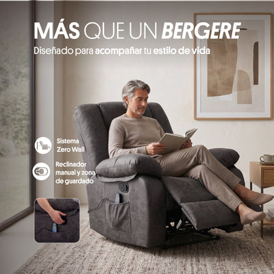 Sillón Bergere Reclinable con Masaje y Calor Eléctrico, Gris. Osaka