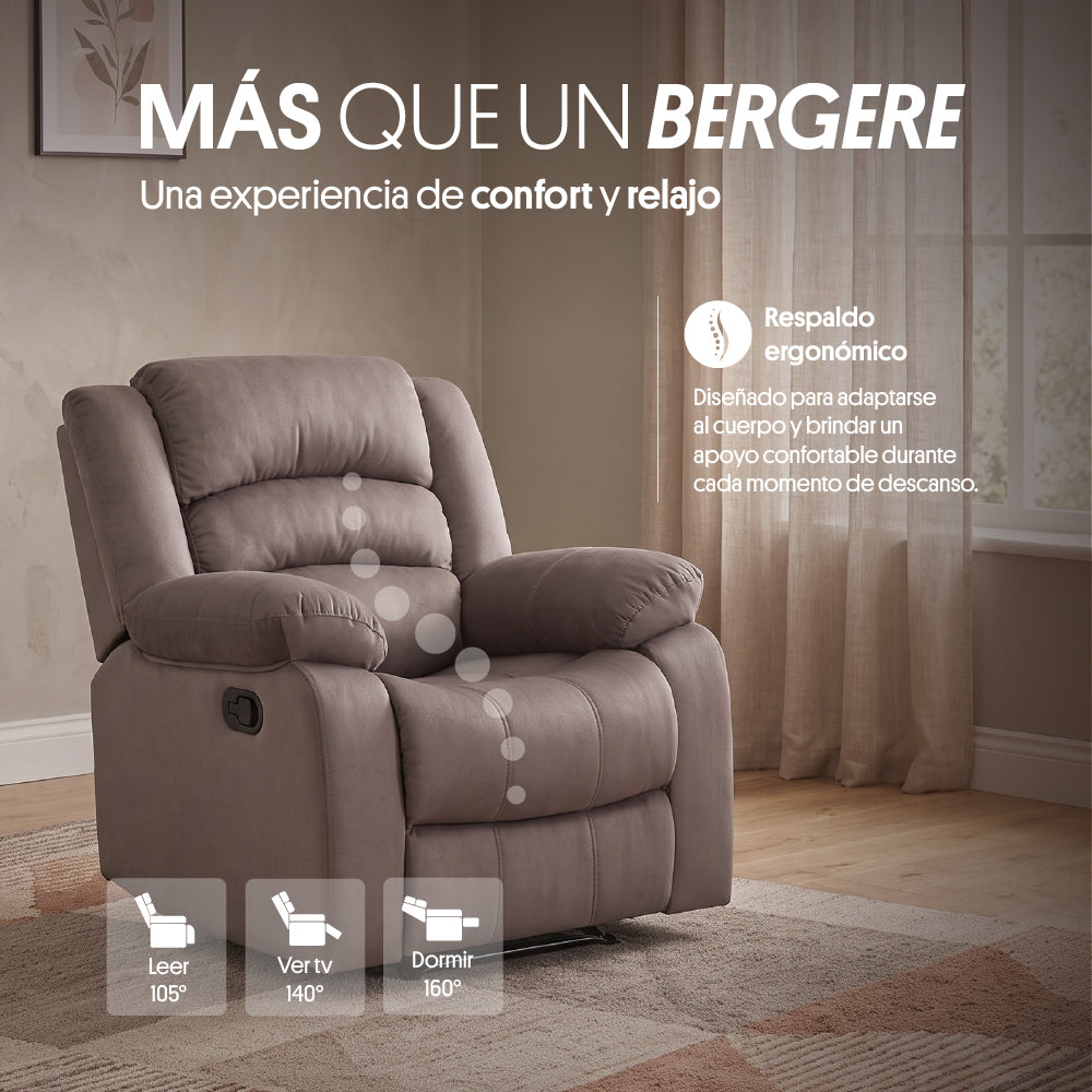 Sillón Bergere Reclinable Tela Café. Polonia