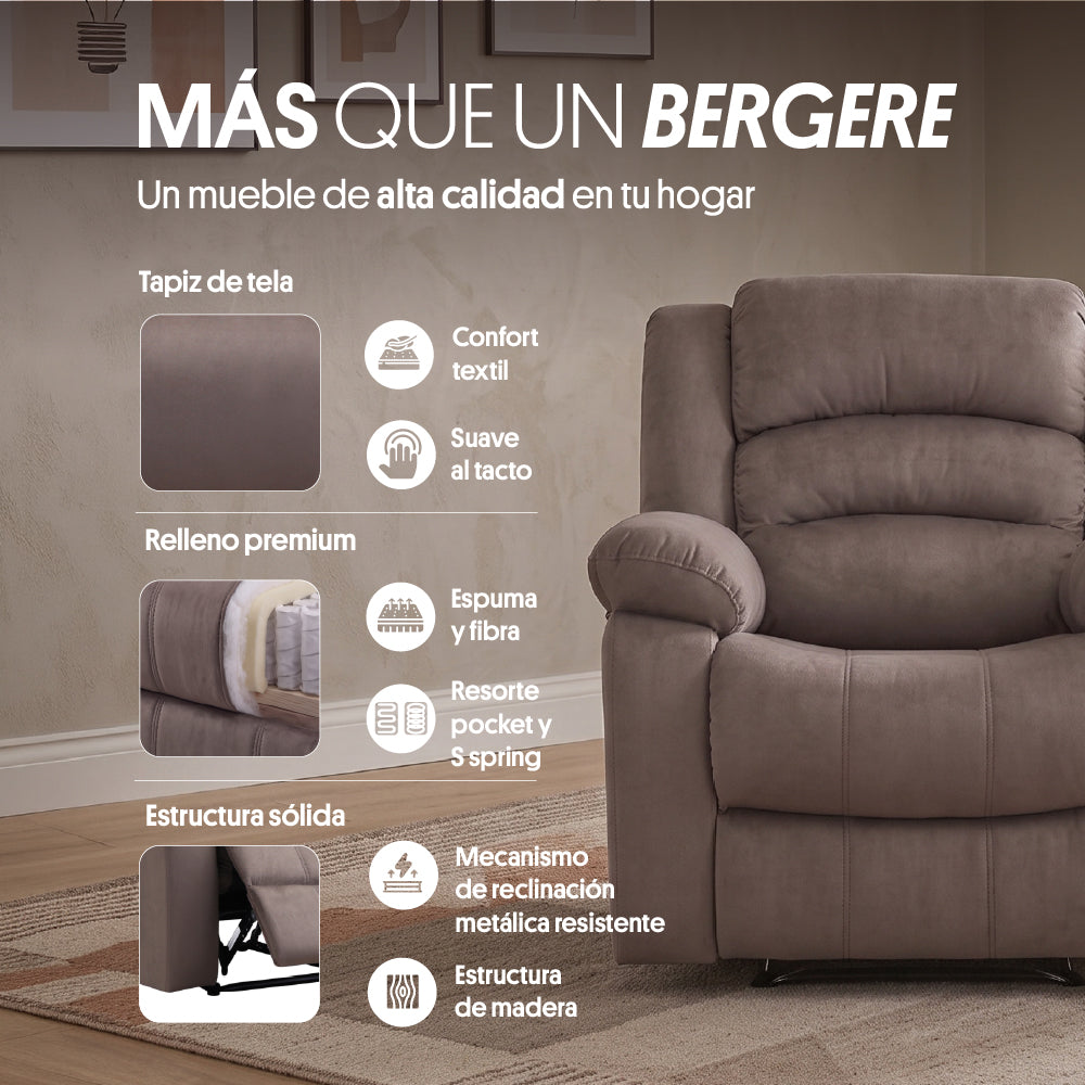 Sillón Bergere Reclinable Tela Café. Polonia