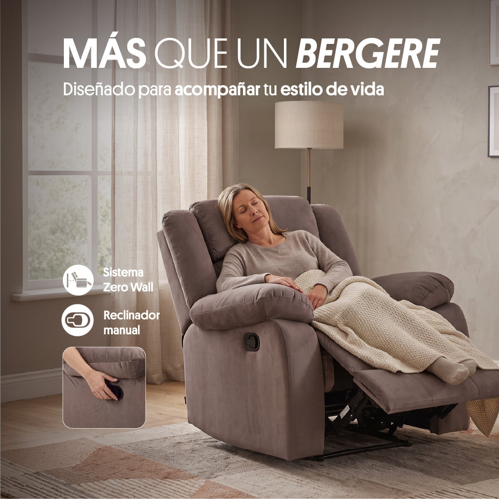 Sillón Bergere Reclinable Tela Café. Polonia