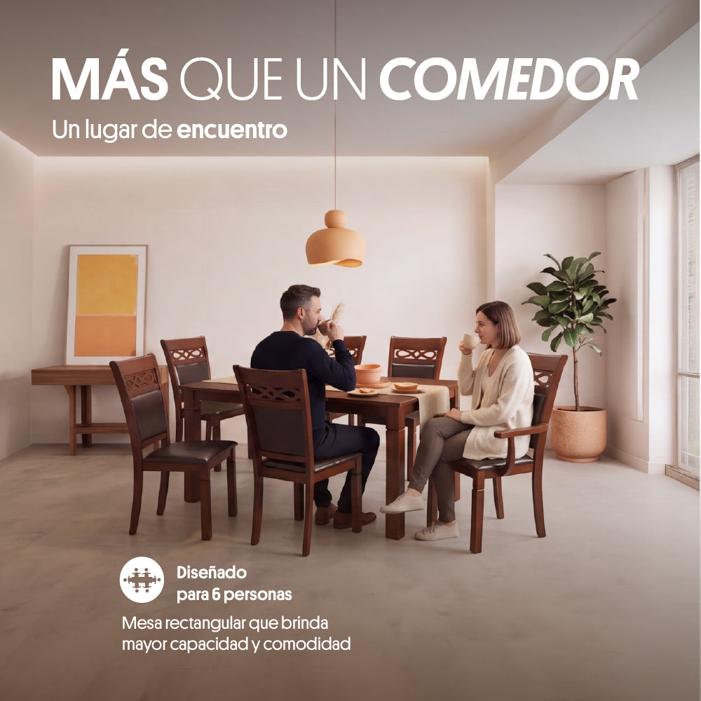 Juego de Comedor 4 Sillas 2 Sitiales Madera (160x90x76cm) Ecocuero Café. Capri 6 puestos
