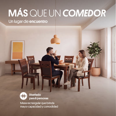 Juego de Comedor 4 Sillas 2 Sitiales Madera (160x90x76cm) Ecocuero Café. Capri 6 puestos