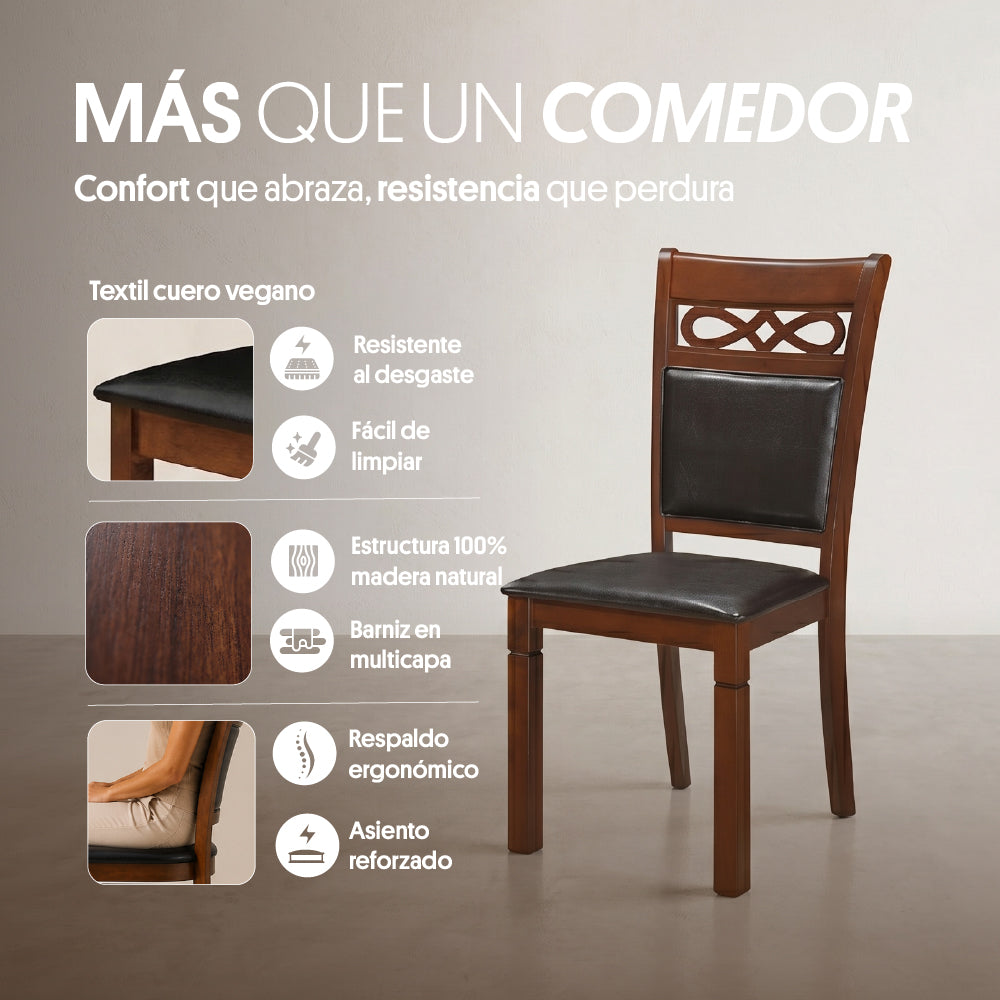 Juego de Comedor 4 Sillas 2 Sitiales Madera (160x90x76cm) Ecocuero Café. Capri 6 puestos