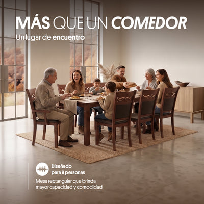 Juego de Comedor 6 Sillas 2 Sitiales Madera (180x90x76cm) Ecocuero Café. Capri 8 puestos