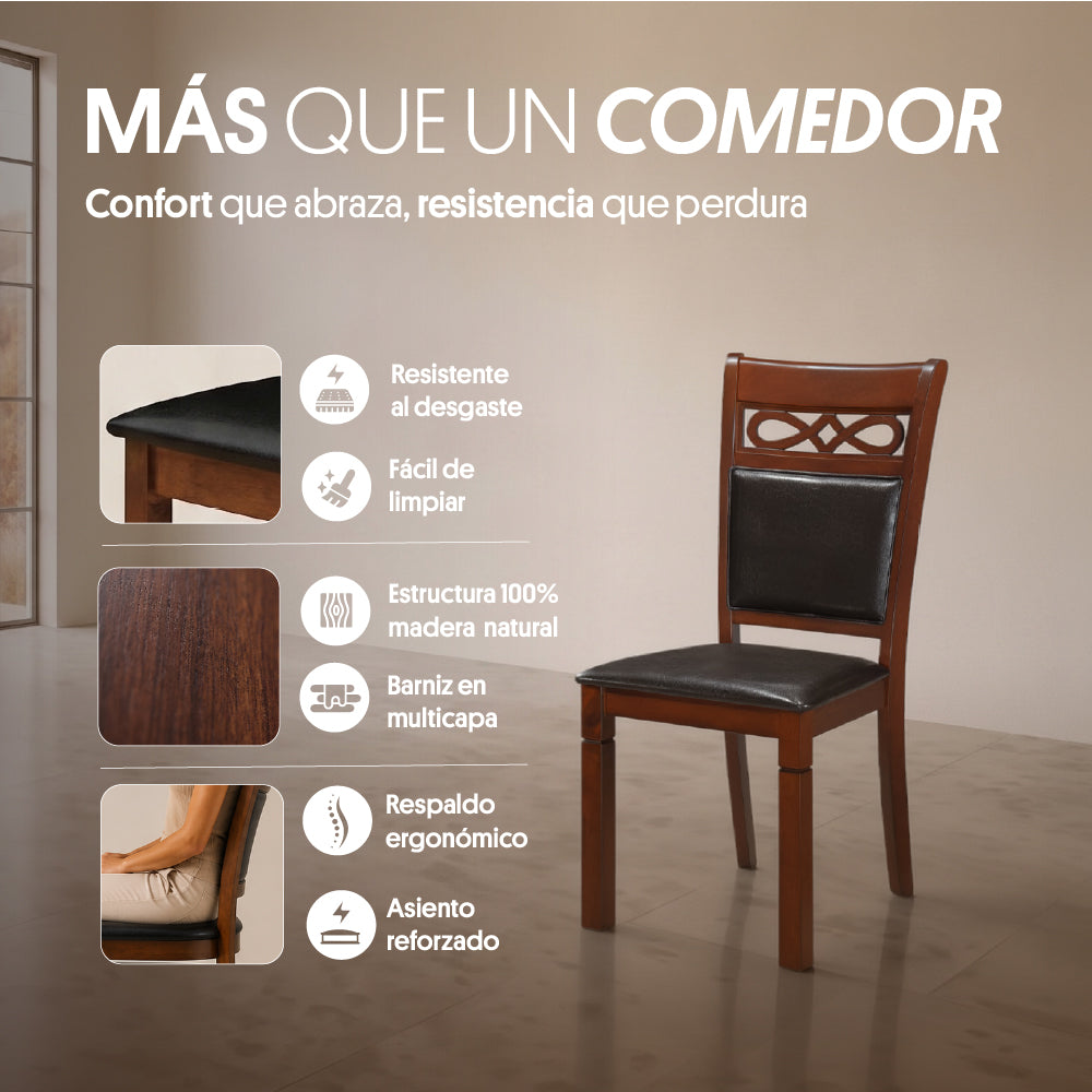 Juego de Comedor 6 Sillas 2 Sitiales Madera (180x90x76cm) Ecocuero Café. Capri 8 puestos