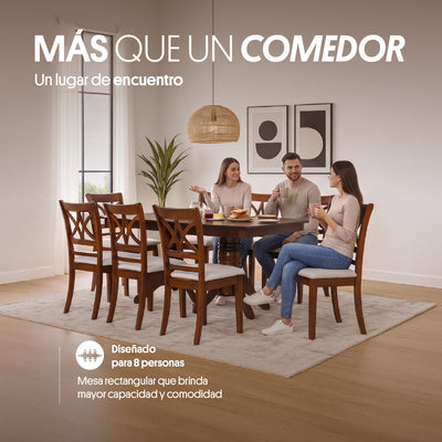 Juego de Comedor 8 Sillas (180x100x76cm) Tela Beige. Holbox 8 puestos