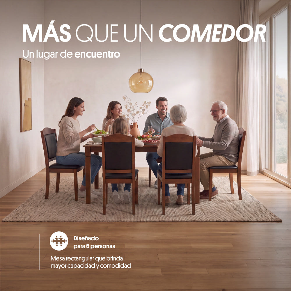 Juego de Comedor 6 Sillas (150x90x76cm) Ecocuero Café. Ibiza 6 puestos