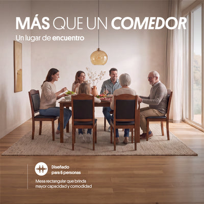 Juego de Comedor 6 Sillas (150x90x76cm) Ecocuero Café. Ibiza 6 puestos