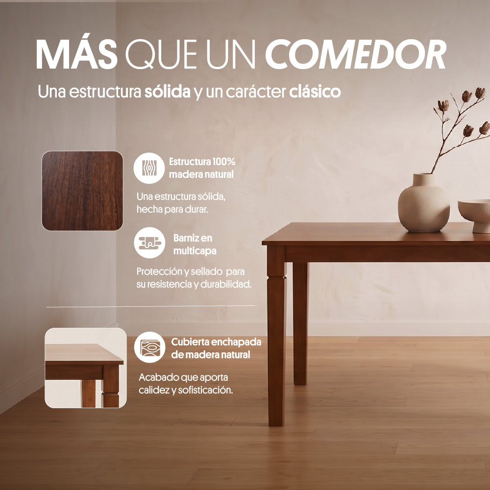 Juego de Comedor 6 Sillas (150x90x76cm) Ecocuero Café. Ibiza 6 puestos