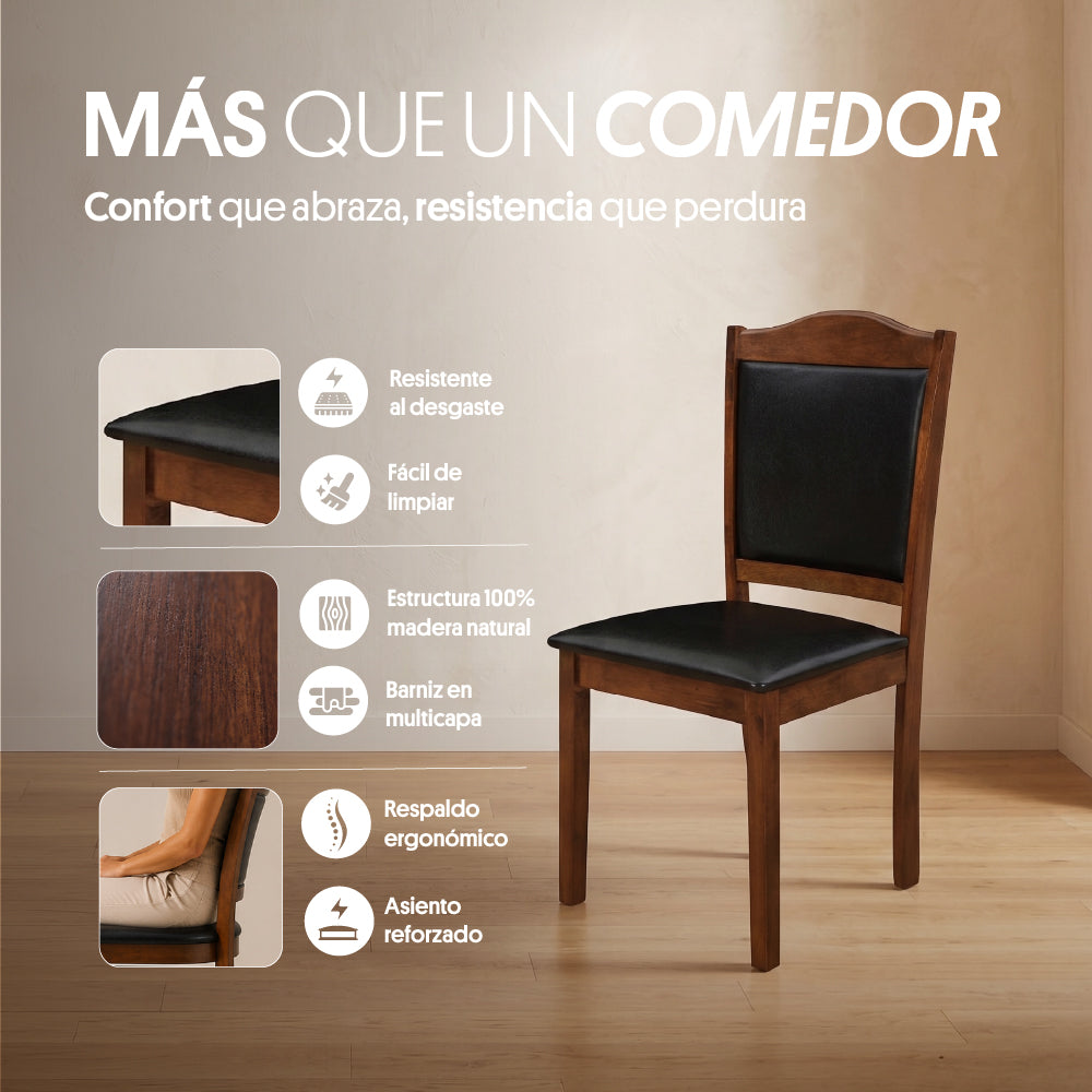 Juego de Comedor 6 Sillas (150x90x76cm) Ecocuero Café. Ibiza 6 puestos