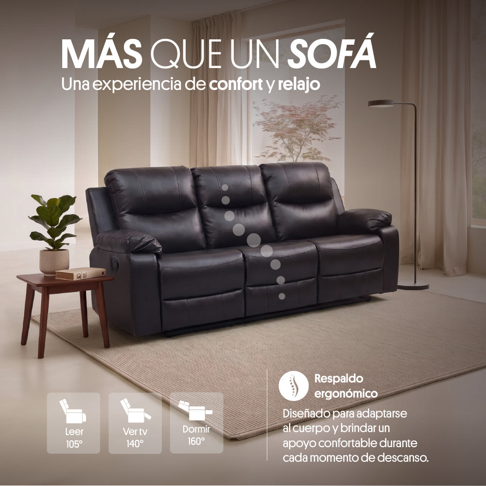 Sofá Reclinable 3 Cuerpos (3C) con Consola Central y Posavasos Ecocuero Café. Tabuk
