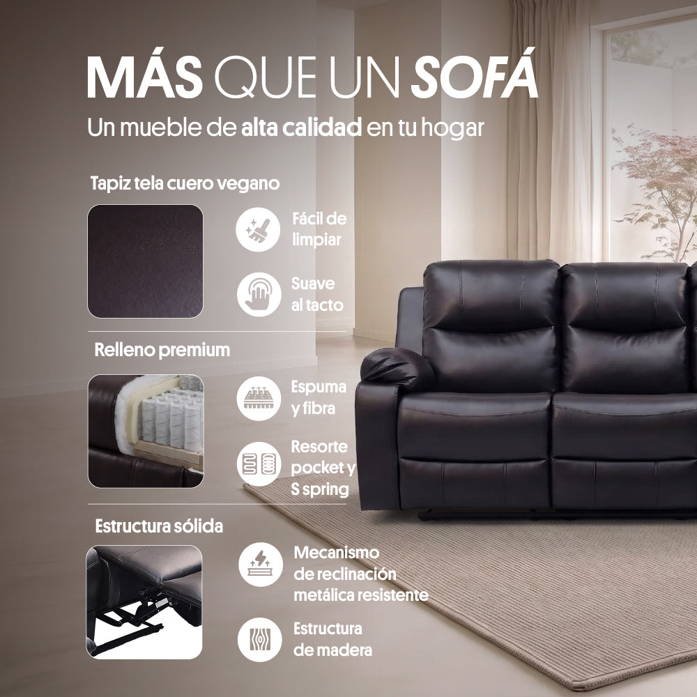 Sofá Reclinable 3 Cuerpos (3C) con Consola Central y Posavasos Ecocuero Café. Tabuk