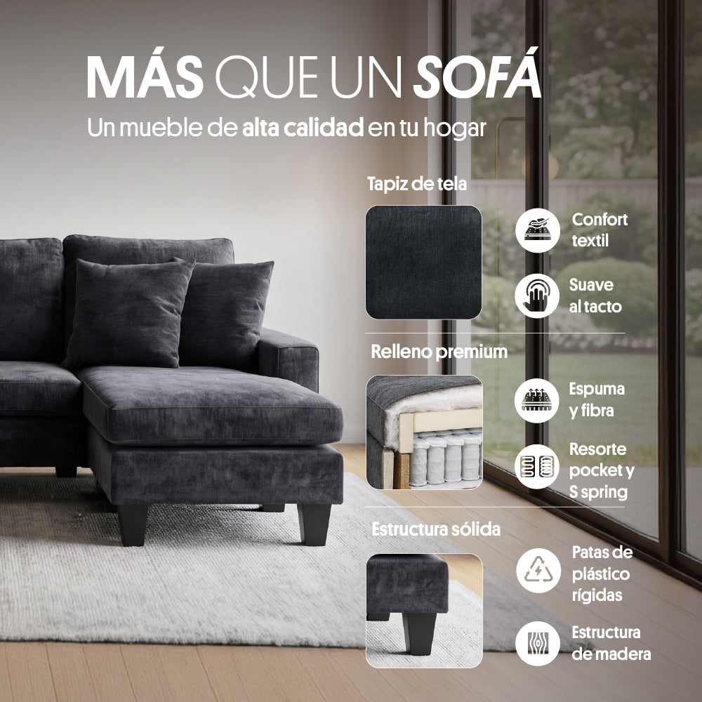 Sofá Seccional Reversible (Derecho Izquierdo) Tela Gris. Bergen